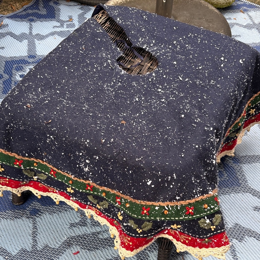 Christmas tree skirt Elegant Navy Table Cover with Lace and Floral Trim